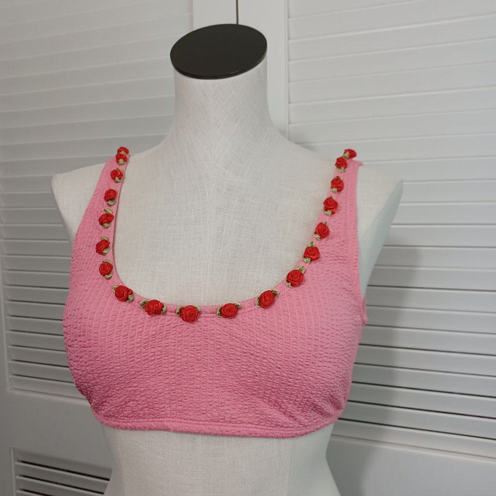 Betsey Johnson Scrunch Bunch Rose Bikini Top Pink Rosettes - Picture 5 of 11